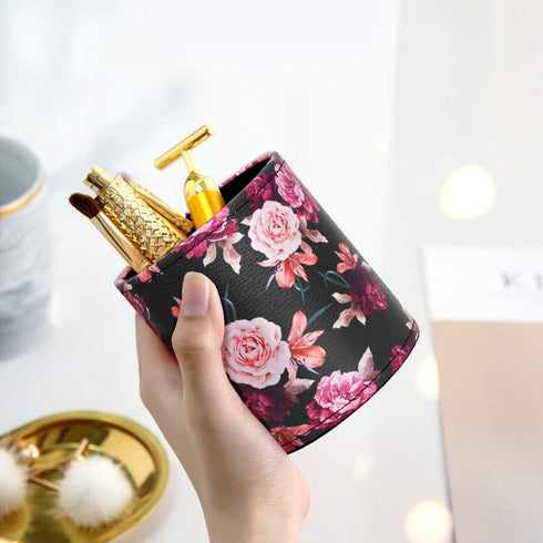Pen Pencil Holder, WAVEYU Floral Flower Pattern Pen Cup Container, PU Leather Desk Organizer for Office Home Decoration