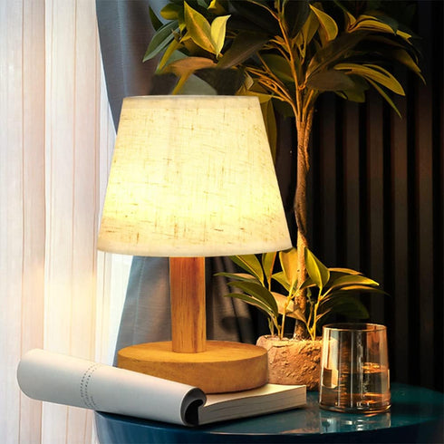 Small Table Lamp, Wooden Bedside Lamp with Linen Shade, Mini Desk Night Light for Bedroom and Living Room