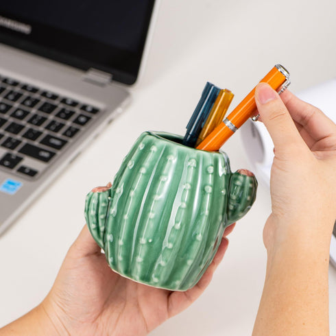 Ceramic Cactus Pen Holder Stand, Cactus Pencil Holder Organizer for Makeup Brushes, Home Office Desk (Green)