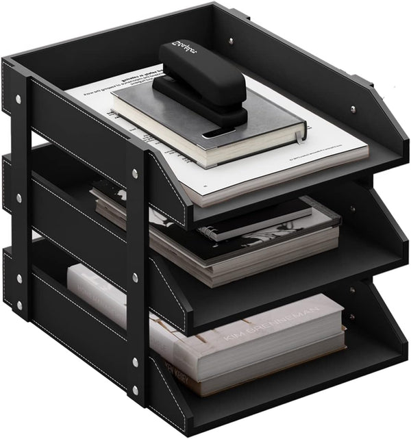 Leather Desk Organizer, Thipoten 3-Tier Stackable Letter Tray Holder for Office Supplies, Black-3Tiers