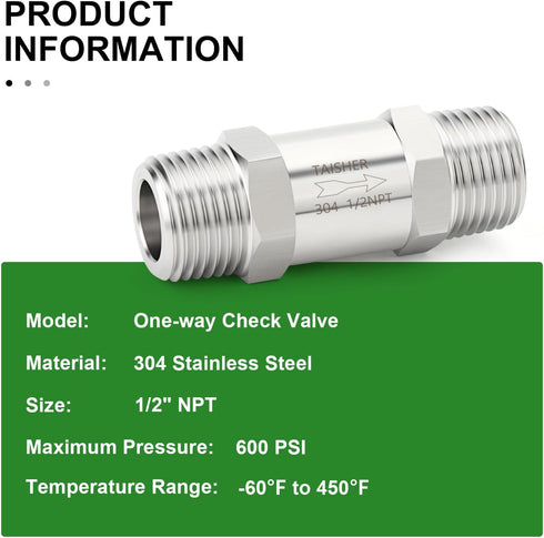 TAISHER 1PCS 304 Stainless Steel 1/2" NPT Male Check Valve, Backflow Prevention Non-Return Check Valves