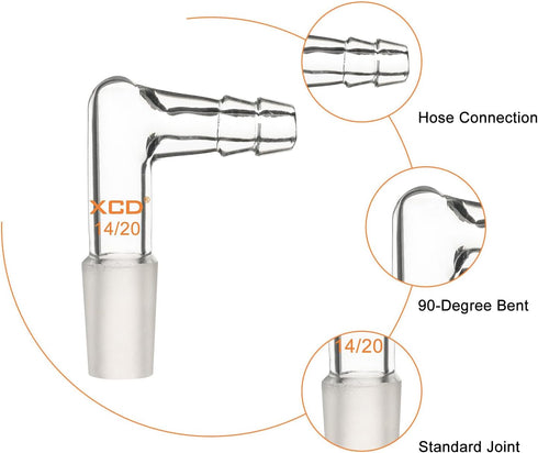 XCD Glass Vacuum/Gas Adapter 90-Degree Bent Borosilicate Glass Inlet Adapter with 14/20 Inner Joint Hose
