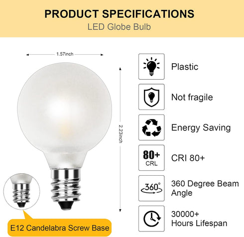 G40 Led Frosted White Replacement Light Bulbs, E12 Led Candelabra Globe Light Bulbs, 1.5 Inch Frosted String Lights Bulbs for Indoor Outdoor, 0.6 Watt E12/C7 Base Chandelier Light Bulbs-25 Pack by Doratale