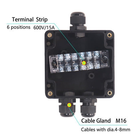 Watertight Junction Box, IP67 Waterproof Electrical Project Box with 4P 15A Barrier Terminals, 1 in/2 Out Cable Glands