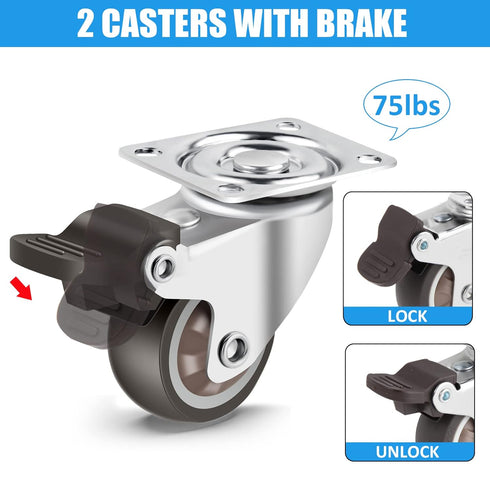 Nefish 1.5 Inch Rubber Caster Wheels with Brake, 360 Degree Rotation, 300 Pounds Capacity for Furniture, Set of 4