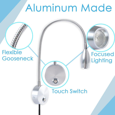 3W Dimmable Adust Reading Lights for Books in Bed, Bedside Reading Lamp, LED Wall Mount Lamp, Adjustable Colour