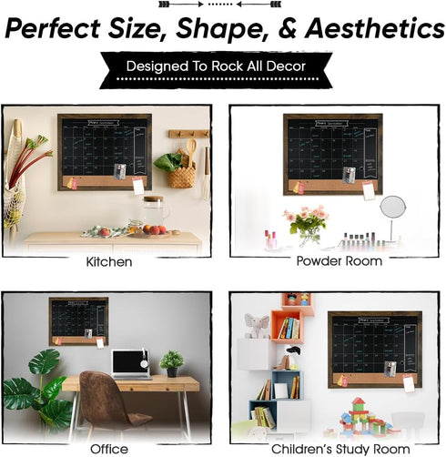Loddie Doddie 18x24 Rustic Framed Chalkboard Calendar and Bulletin Combo Board, Includes Chalk Markers, Push-Pins, and