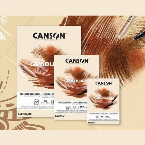 CANSON Graduate Mixed Media 200gsm A4 Paper - Double Sided Grained and Smooth, 30 Natural Sheets for Student Artists