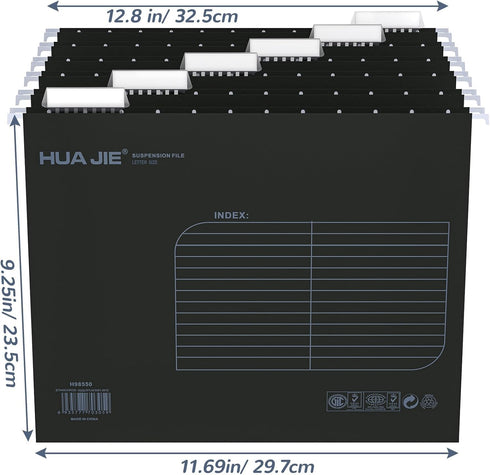 MerryNine 36pcs Black Hanging File Folders, Letter Size, 1/5-cut Adjustable Tabs, Inserts