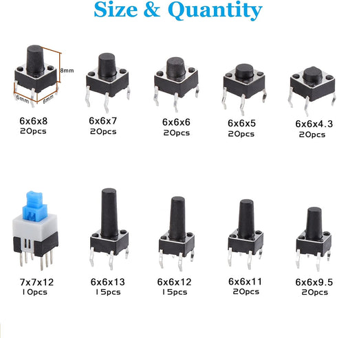 OCR 180Pcs Assortment Kit of 6x6mm Micro Momentary Tactile Push Button Switches, 10 Values