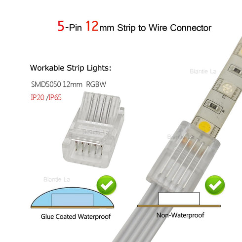 5 12mm 12V 24V (Pack 10) Pin LED Strip to Wire Connector rgbw Unwired Clips Solderless Adapter Terminal Extension