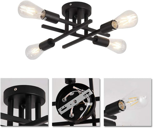 4 E26 ZGLAOJT Semi Flush Mount Light Ceiling Light Matte Black with Base Modern Chandelier for Farmhouse Kitchen Dining