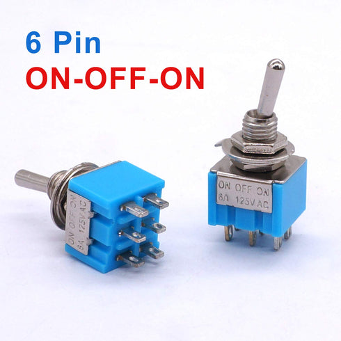 Taiss 10pcs DPDT Mini Toggle Switch - 6-Pin 3 Position ON/Off/ON, 6A 125V MTS-203