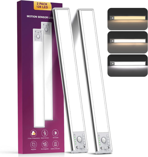 OTWKAY 14.5inch Under Cabinet Lighting with 3 Color Temps, 2 Pack Rechargeable Motion