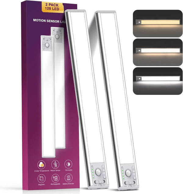 OTWKAY 14.5inch Under Cabinet Lighting with 3 Color Temps, 2 Pack Rechargeable Motion