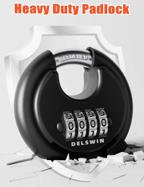 DELSWIN 4 Digit Combination Disc Padlock with Hardened Steel Shackle for Sheds, Storage Units, School Gym Lockers