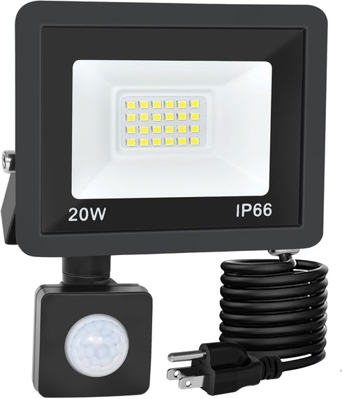 Motion Sensor Flood Light Outdoor, 20W Plug in Light with 4.9ft Cord, IP66 Waterproof Floodlights