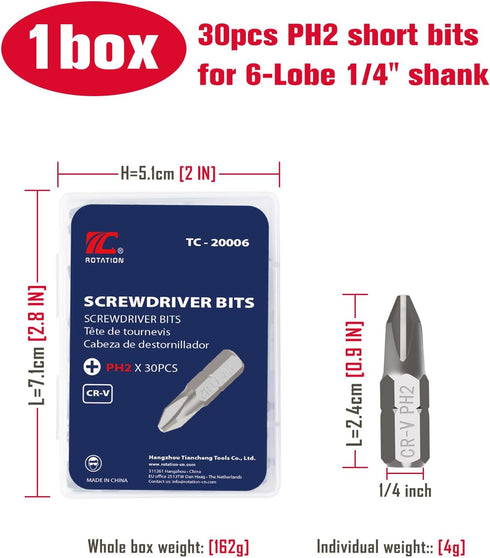 ROTATION 30-Piece Phillips #2 Bit Set PH2, Impact Grade, Chrome Vanadium Steel, 1/4-inch Hex Shank