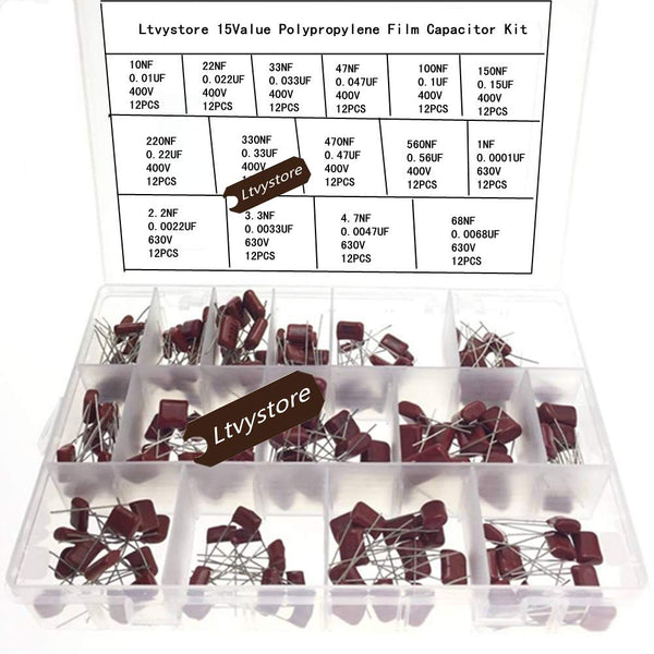 Polypropylene Capacitor Kit, 180Pcs 400V and 630V Assorted Film Capacitors, Range 10nF ~ 68nF