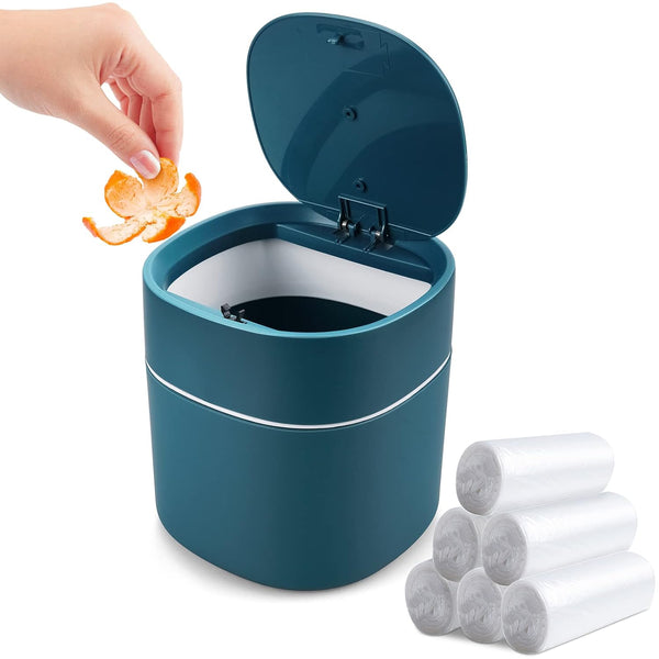 Mini Desk Trash Can with Lid, 0.5 Gallon Blue Plastic Covered Waste Basket with 180 Trash Bags