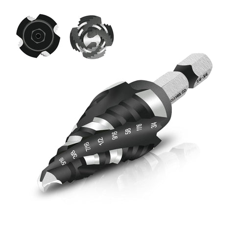 M35 Four Spiral Flute Cobalt Step Drill Bit, 1/4"-3/4" Wear-Resistant TiAlN Coated for Metal, Wood, Plastic