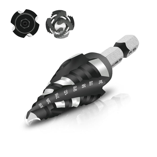 M35 Four Spiral Flute Cobalt Step Drill Bit, 1/4"-3/4" Wear-Resistant TiAlN Coated for Metal, Wood, Plastic