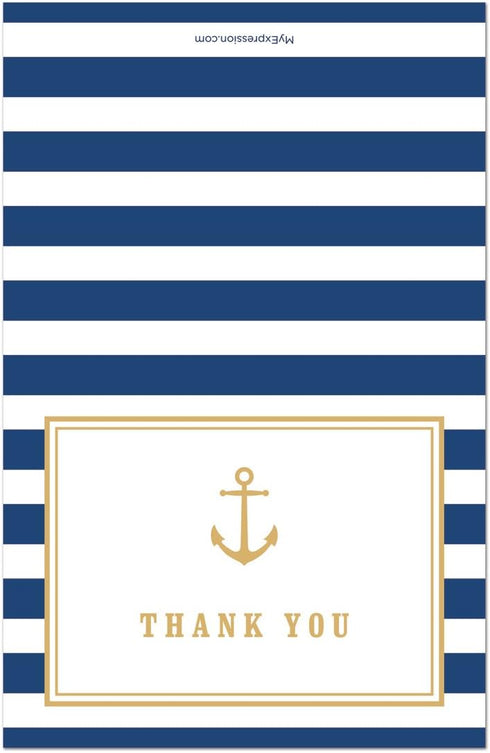 MyExpression.com 50 Pack Nautical Baby Shower Thank You Cards - in Navy Stripes with Gold Anchor