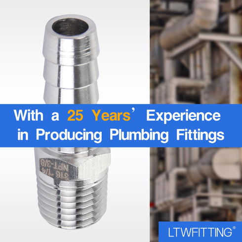 LTWFITTING Bar Production Stainless Steel 316 Barb Fitting Coupler/Connector 3/8" Hose ID x 1/4" Male NPT (Pack of 5)