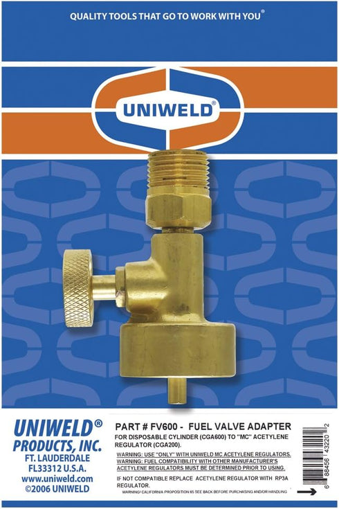 Uniweld FV600 Oxy/Fuel Adapter to Connect MC Regulator (CGA200) to Disposable Fuel Cylinder (CGA600)