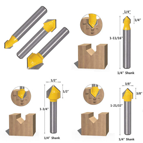 Yakamoz 6Pcs Carbide 90 Degree V-Groove and Round Nose Groove Router Bit Set, 1/4" Shank Woodworking Tool