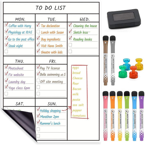LUCYCAZ Magnetic Dry Erase To Do List Board for Fridge - Vertical Weekly Planning Board with 8 Markers, 12''x17'' (A3)