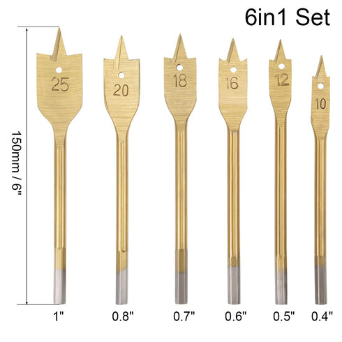 uxcell Spade Drill Bits for Wood, Paddle Flat Bit, 10 12 16 18 20 25 mm Hex Shank, High Speed Steel 6in1 Set