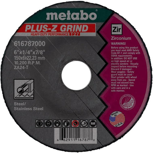 Metabo 7-inch Plus-Z Grinding Wheel, Type 27, 7" x 1/4" x 5/8"-11, Zirconia Alumina for Steel