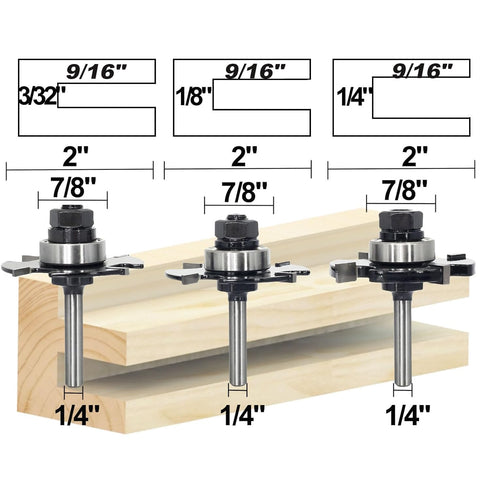 3pcs Set 1/4 4-Wings, 9/16" 1/4" 1/8" 3/32") Slot Cutter Router Bit Shank - Depth, Carbide Tip, Wood Slotting Cutter
