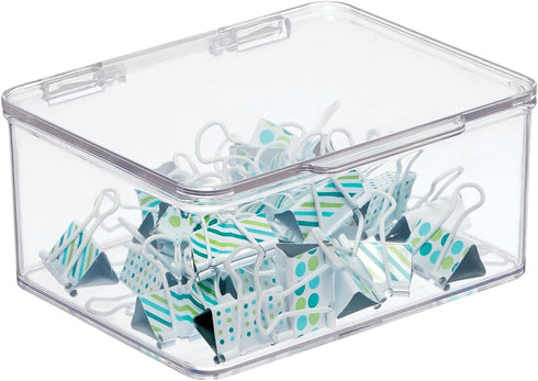 mDesign Small Plastic Home Office Storage Organizer Box with Hinged Lid for Desktops - Holds Pens, Pencils, Sticky