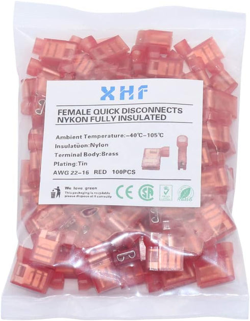 XHF 100 Pcs 90 Degree Flag Shaped Right Angle Spade Connectors, 22-18 AWG Fully Insulated Quick Crimp Red