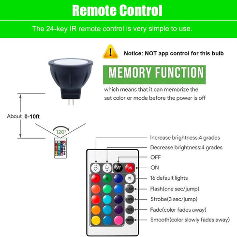 RGB MR11 LED Bulbs, GU4 Bi-pin Base, Color Changing Warm White + 15 Multicolors, 12V Halogen Bulb Replacement