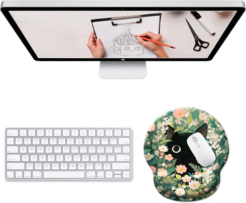 Ergonomic Mouse Pad Wrist Support, Flower Cat Gel Mouse Pads with Wrist Rest, Cute Funny Computer Mousepad for Desk Laptop, Comfortable Mouse Pad for Work Accessories Office Supplies Decor by Hancynir
