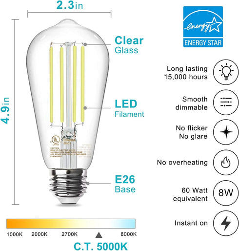 TJOY Edison Light Bulbs 60W Equivalent, Dimmable Vintage LED Light Bulbs, E26 Medium Base, 5000K Daylight, ST58, 8W, 800LM, 80+ CRI, Antique Decorative Filament LED Bulb, Clear Glasses, 4 Pack by TJOY
