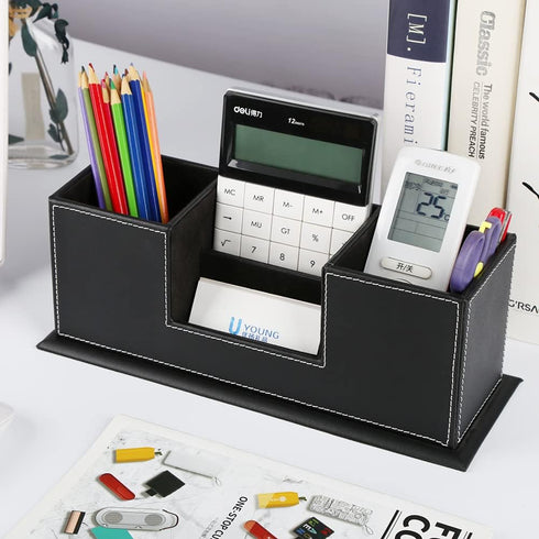 KINGFOM Office Supplies Desk Organizer, PU Leather Storage Box with 4 Divided Compartments for Pen, Business Card,