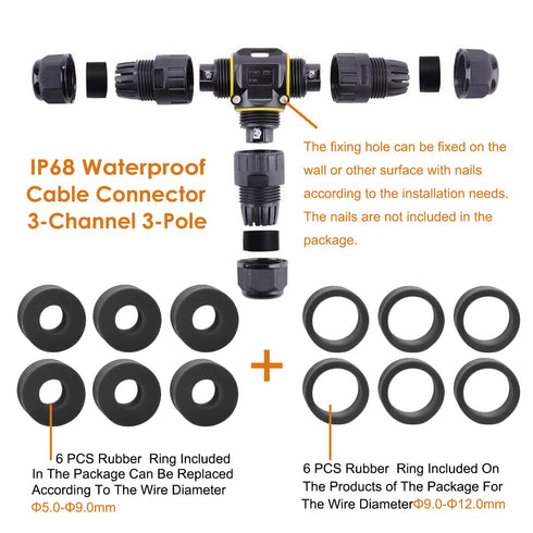IP68 Waterproof Cable Connector 3-Channel 3-Poles, Outdoor Waterprrof Junction Box Connector,Ideal for 2 or 3 Pin Cables 4-12mm,Use for Outdoor Billboards,Tunnel Lights,Road Landscape Lights