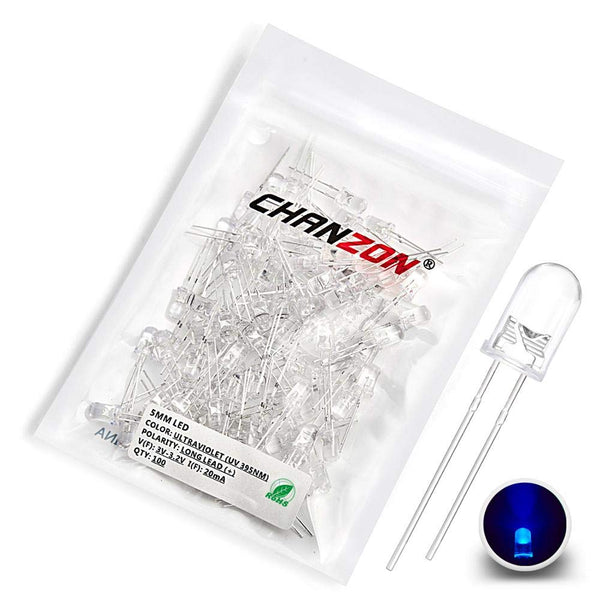 CHANZON 100 pcs 5mm Purple UV LED Diode Lights (Violet Clear Round Transparent DC 3V 20mA) Bright Bulb Lamps Electronics