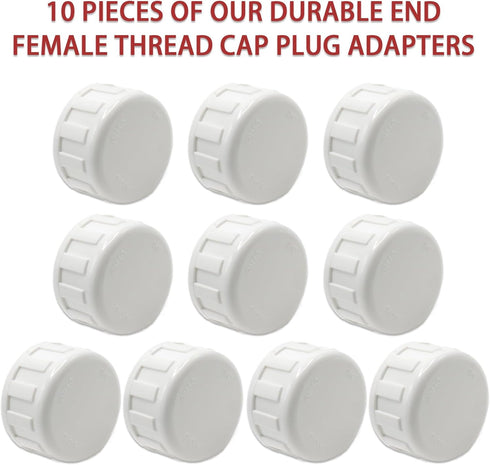 10-Pack 3/4" White PVC Pipe Fittings End Female Thread Cap Plug Adapters for Plumbing Applications, Easy Install