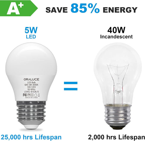 ORALUCE A15 LED Bulb, 5 Watts Warm White 3000K, 40W Equivalent, E26 Standard Base, 6 Pack