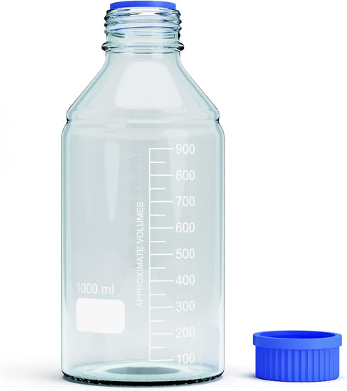 1000ml Borosilicate Glass Storage Bottles, 2pcs Round Media Storage with GL45 Blue Screw Cap for Safe Probe Storage