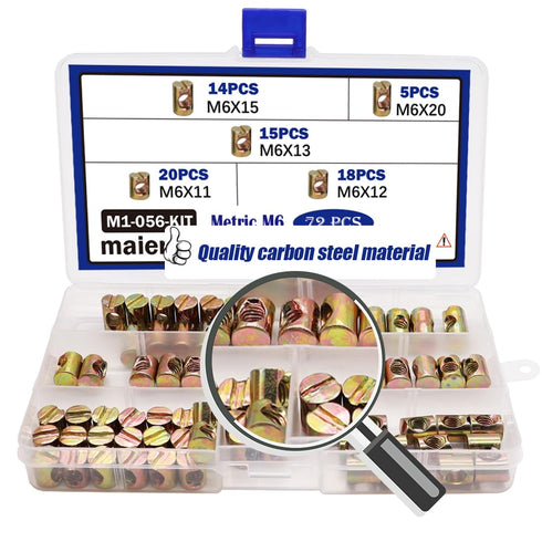 maierke 72PCS M6 Nut,M6 11mm/12mm/13mm/15mm/20mm Metric Barrel Nuts Cross Dowel Slotted Nuts Furniture x Nut Kit