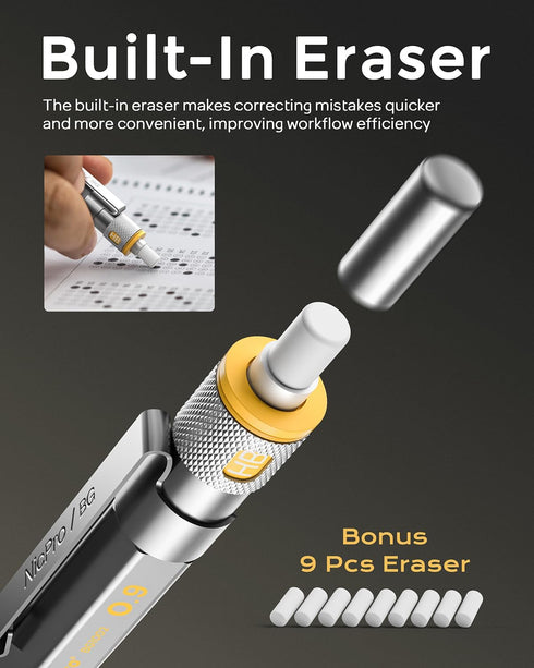 Nicpro Blocky Gear 0.9mm Mechanical Pencils Set in Case, Metal Pencil with HB Lead Refills, Eraser