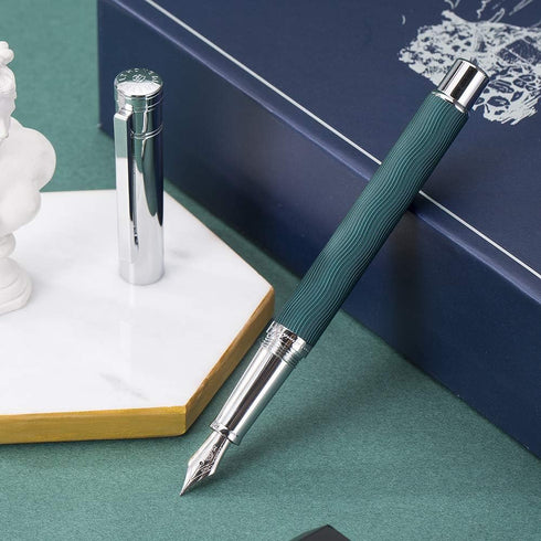 Hongdian 1843 Solid Metal Fountain Pen, Extra Fine Nib, Green Ripple Pattern with Refillable Converter and Case
