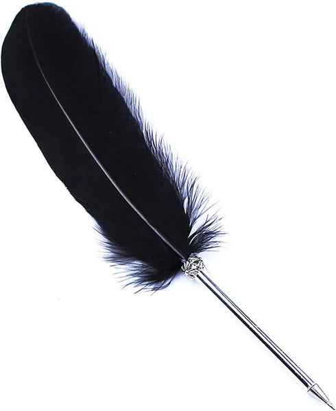 OPENDGO Feather Ballpoint Pen, Black Ink Vintage Feather Quill, Refined Plated Rod, Wedding Gift Signature Pen