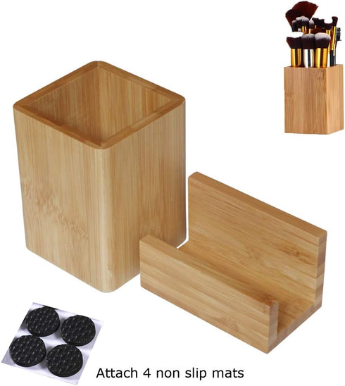 Enyuwlcm Bamboo Wooden Pen Holder Cup - Desk Business Card Holder Stand for Office Home School (2 Packs)